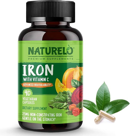 NATURELO Vegan Iron Supplement with Vitamin C and Organic Whole Foods - Gentle Iron Pills for Women & Men with Iron Deficiency Including Pregnancy, Anemia and Vegan Diets - 90 Mini Capsules