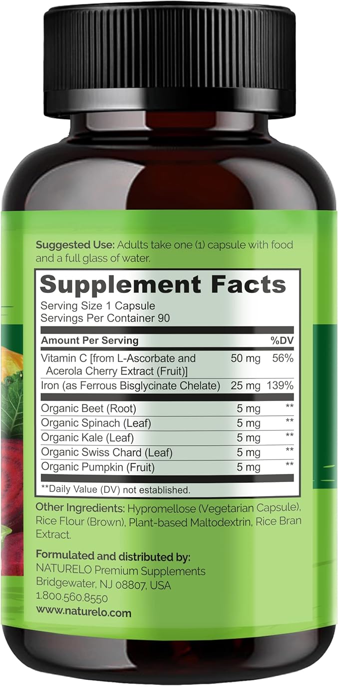 NATURELO Vegan Iron Supplement with Vitamin C and Organic Whole Foods - Gentle Iron Pills for Women & Men with Iron Deficiency Including Pregnancy, Anemia and Vegan Diets - 90 Mini Capsules