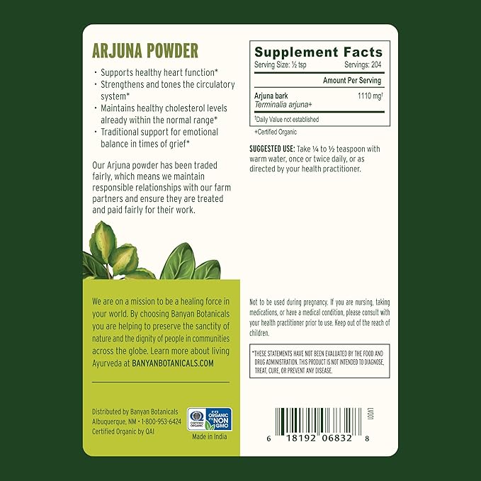 Banyan Botanicals Arjuna Bark Powder – Organic Arjuna (Terminalia Arjuna) – Natural Herbal Heart Health Supplement and Rejuvenating Tonic* – ½ lb. – Non-GMO Sustainably Sourced Vegan
