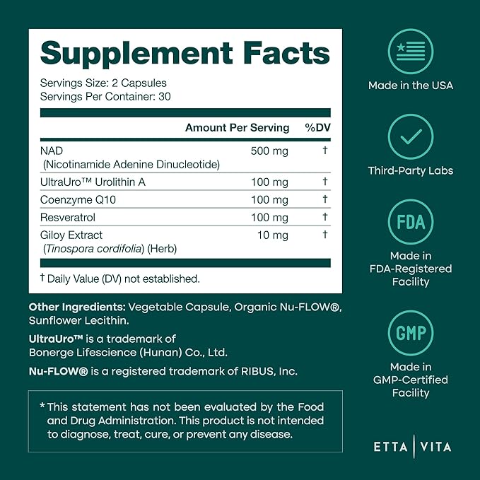 Liposomal NAD+ Supplement 500mg with Urolithin A, CoQ10, Resveratrol & Giloy (Made in USA), NAD Supplement for Cellular Energy, Cognitive, Anti-Aging & Detox Support - 3rd Party Tested Vegan, Non-GMO