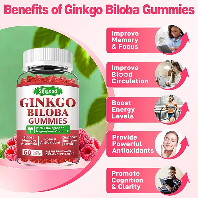2 Pack Ginkgo Biloba Gummies with Panax Ginseng and Magnesium, Ginkgo Biloba Supplements for Focus, Memory, and Brain Health for Adults & Kids, Vegan Raspberry Flavor Gummies, 120 Count