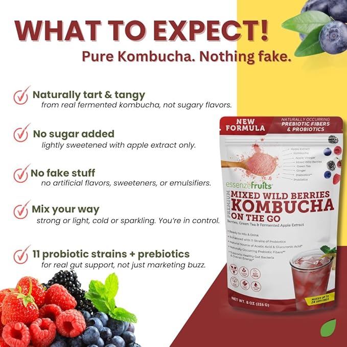 Essenzefruits Red Berries Kombucha Powder Tea Beverage – Sugar Free, Fermented & Dried - Just Add Water! Live Probiotics & Prebiotic Blend, Vitamin C - Makes up to 30 Cups (8 Oz)