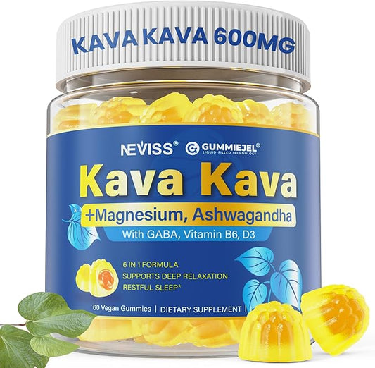 Kava Kava Gummies for Calm, Relaxation & Natural Sleep - with Magnesium, Ashwagandha, GABA, Vitamin B6 D3 - High Potency Kava Root Extract Supplement - Sugar-Free, Melatonin-Free - Vegan 60 Ct