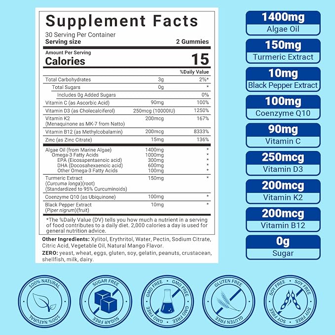 Omega 3 Gummies Vegan Fish Oil Gummies with Turmeric + CoQ10 + Vitamin C D3 K2, Fish Oil Omega 3 Supplements for Women & Men with Algae DHA & EPA for Brain & Immune Support, Sugar Free, 60 Cts