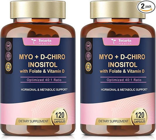 Inositol Supplement for Women with Vitamin D3, Folate, 40:1 Ratio Myo-Inositol & D-Chiro Inositol Complex, (Vitamin B8) Inositol Capsules, Pack of 2