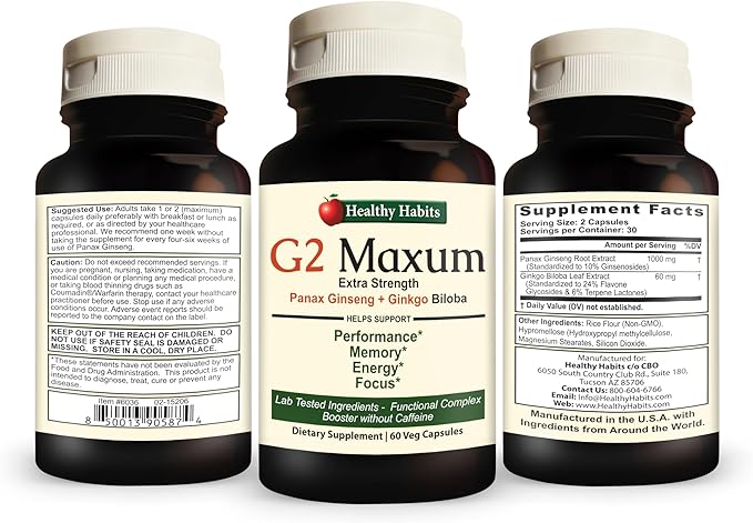 Healthy Habits G2 Maxum Extra Strength Panax Ginseng Plus Ginkgo Biloba Blended to Support Energy and Cognitive Function 60 Veg Capsules per Bottle