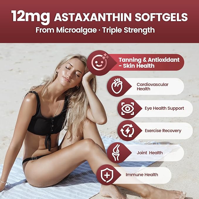 Astaxanthin 12mg, 720 Softgels, Fresh Haematococcus Pluvialis 10 in 1 Astaxanthin Antioxidant Supplements, Contains Lycopene, Grape Seed, Vitamin E, & More Supports Eye, Joints, Skin Health, 3 Bag