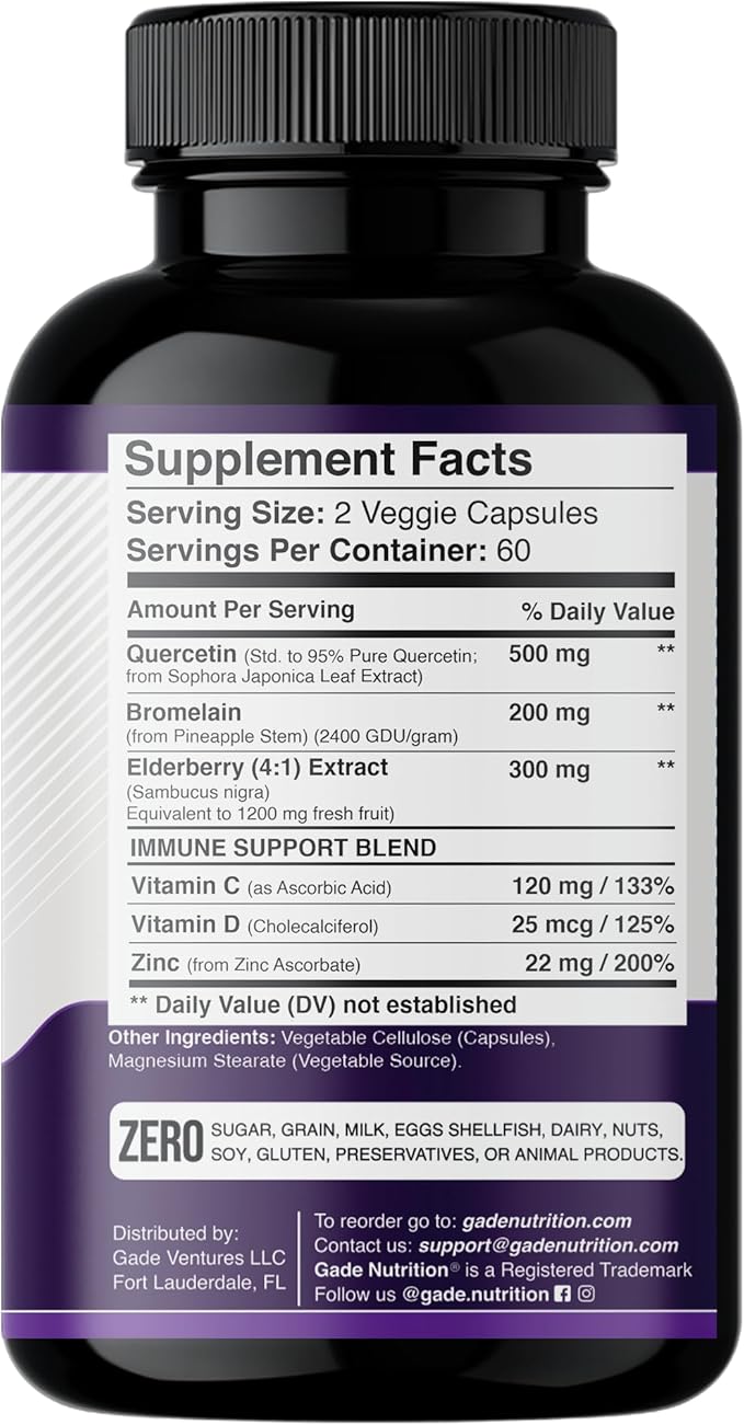 Gade Nutrition Quercetin with Bromelain & Elderberry | Quercetin with Vitamin C and Zinc | Zinc Quercetin 500mg with Vitamin D3 | Daily Immune Support Supplement - 6 Months Supply