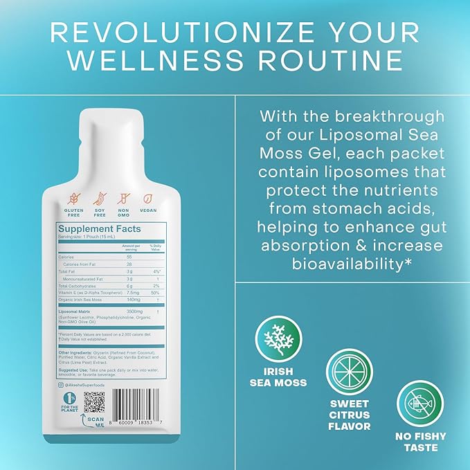 Irish Sea Moss Gel, Liposomal Seamoss with Irish Sea Moss, Vitamin E, Citrus, Organic Vanilla, Glycerin, Skin, Energy & Gut Health Support for Women & Men, Sweet Citrus Flavor, 30 Ct