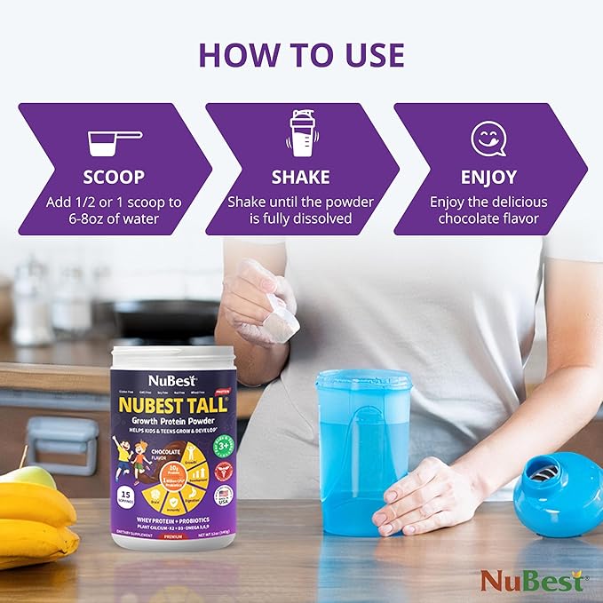 NuBest Tall Protein Powder for Kids & Teens - Whey Protein Powder - Chocolate Protein Powder Shake with Probiotics, Omega 3-6-9, Vitamin D3 + K2, Calcium, Vitamin - 15 Servings | 2 Week Supply