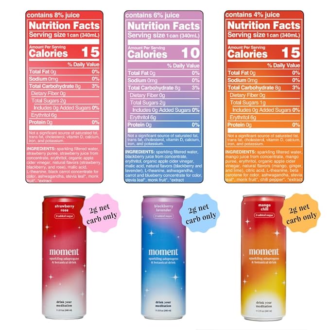 Moment Botanical Soda Soft Drink (Shark Tank) - SPARKLING Drinks | Fruity Fun | L-Theanine & Ashwagandha for Calm & Clarity | 0 Added Sugar 0 Caffeine | 24-pack