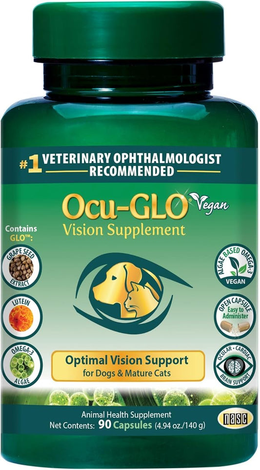 Ocu-GLO® Vegan Capsules - Vision Supplement for Dogs & Mature Cats - Formulated with Lutein, Algae Based Omega-3 Fatty Acids, Grape Seed Extract & Antioxidants to Promote Eye Health - 90 ct