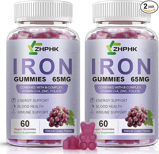 Vegan Iron Supplement 65mg, Iron Gummies for Women and Men with Vitamin C 250mg, Vitamin A, B-Complex, Biotin, Zinc & Folate, Folate for Energy Boost, Immune Health, 120 Count