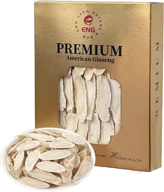 ENG American Ginseng Slices - Large Panax Ginseng Slices,4oz/Box Fresh Wisconsin Long Slice for Tea & Soup - Organic Ginseng for Men & Woman to Boost Immunity & Energy,花旗参/西洋参 (4 Ounce (Pack of 1))