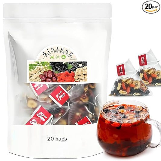 Ginseng Five Treasures Tea Kidney Tea - Kidney Cleanse Ginseng Six Treasures Teas, 6 Precious Ingredients Red Date Wolfberry Mulberry Natural Organic Detox Teabag for Women & Men (1 Bag(20 Teabag))
