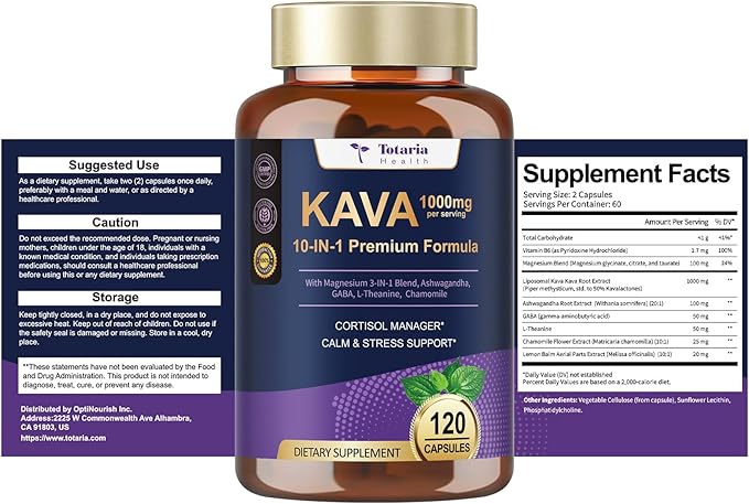 Kava Kava Root Extract 1000mg with Magnesium - 50% Kavalactones, L Theanine, Ashwagandha Herbal Blend for Balanced Mood, Relax Calming, Sleep, Mood, Cognitive & Immune Support - 120 Veg Capsules