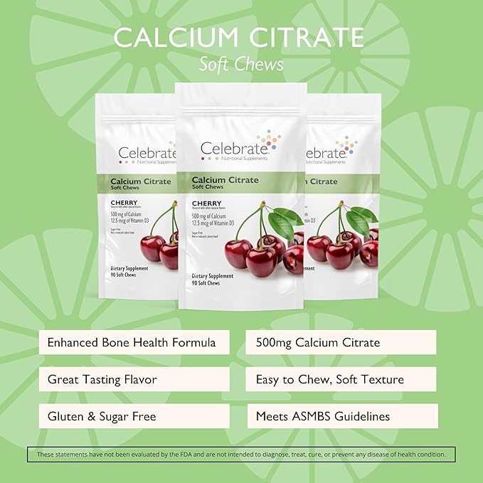 Celebrate Vitamins Bariatric 500mg Calcium Citrate Soft Chews with 500 IU Vitamin D3 – Essential for Gastric Bypass Patients & Bone Health - Sugar & Gluten Free, Cherry (270 Chews)