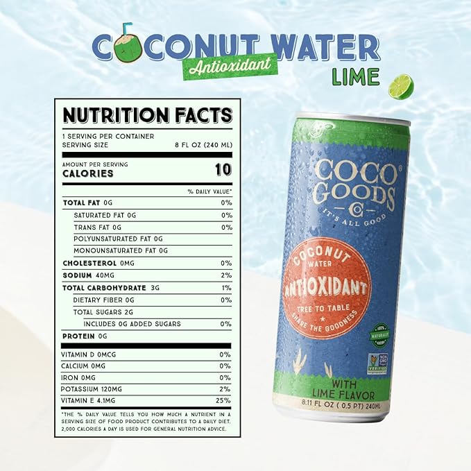 CocoGoodsCo Antioxidant Drink with Coconut Water, Lime – 35mg Natural Caffeine, 0g Sugar, Naturally Sweetened, 10 Calories, with Green Coffee & Vitamin E – 8.11 fl oz Cans (12 Pack)
