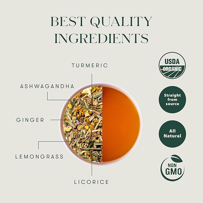Luxmi Estates - Astounding Ashwagandha - Organic Ashwagandha Tea - Loose Leaf - 100g (50 Cups) | With Ashwagandha, Turmeric, Ginger, Lemongrass & More | Perfect Stress Relief Tea