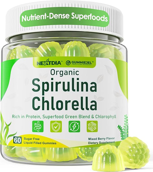 Organic Spirulina Chlorella Gummies, Nutrient-Dense Superfood Rich in Vegan Protein, Super Greens & Chlorophyll + Vitamin C & D3, Zinc, B12 for Natural Energy, Powerful Antioxidants, Sugar Free,60 Cts
