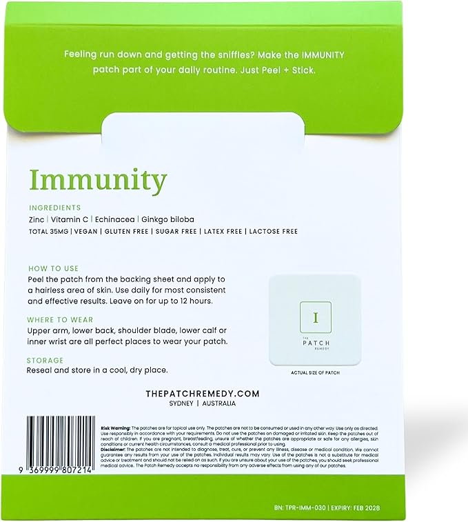 Immunity Patches - 30 Topical Immune Patches Containing Vitamin C, Zinc, Echinacea Extract & Ginkgo Biloba, Lasts 24 Hours