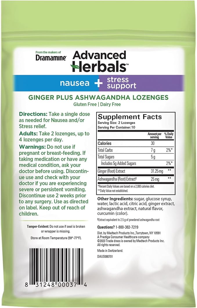 From the Makers of Dramamine, Advanced Herbals, Nausea and Stress Support with Ginger and Ashwagandha, Tropical Fruit and Ginger Flavored Lozenges, 20 Ct