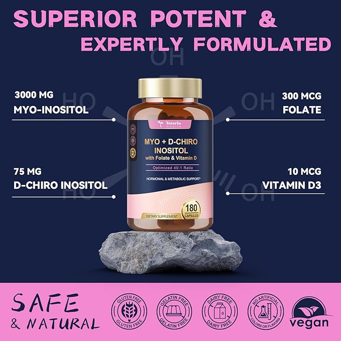 Inositol Supplement for Women with Vitamin D3, Folate, 40:1 Ratio Myo-Inositol & D-Chiro Inositol Complex, (Vitamin B8) Inositol Capsules, 180 Capsules, 60 Servings, 2 Month Supply