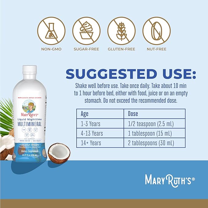 MaryRuth Organics Liquid Nighttime Multimineral | No Melatonin | Bedtime Routine | Magnesium Citrate | Calcium | Zinc | Vitamin D3| Available in 4 Flavor - Vegan | Sugar Free | Gluten Free | 15.22 Oz
