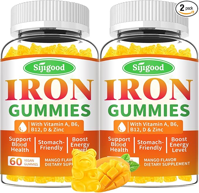 2 Pack Iron Gummies for Women & Men - Vegan Iron Supplement for Anemia & Iron Deficiency, with Vitamin B12, Vitamin C, Zinc, Folate - Energy Boost, Sugar-Free, Mango Flavor, 120 Count