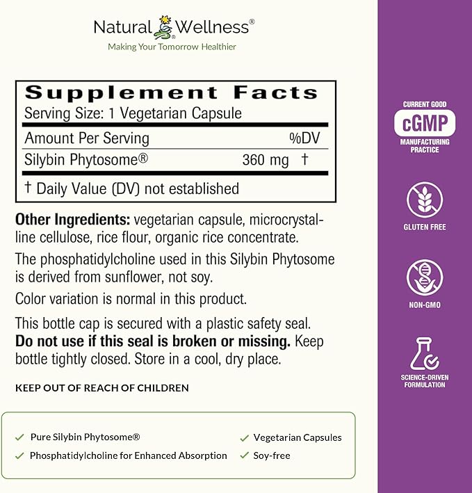 Natural Wellness UltraThistle® Advanced Milk Thistle Liver Support - 1080mg Silybin Phytosome Patented Formula (No Soy) - Herbal Liver Cleanse & Detox Supplement, 30-Day Supply Care