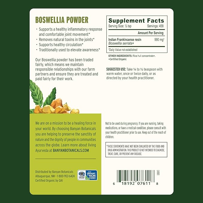 Banyan Botanicals Boswellia Powder – Organic Frankincense Resin (Boswellia Serrata) – Traditional Ayurvedic Joint Health Supplement* – 1 lb. – Non-GMO Sustainably Sourced Vegan
