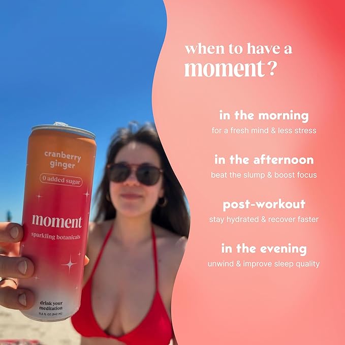 Moment Botanical Soda Soft Drink (Shark Tank) - SPARKLING Non Alcoholic Drinks | Cranberry Ginger | L-Theanine & Ashwagandha for Calm & Clarity | 0 Added Sugar 0 Caffeine | 12-pack