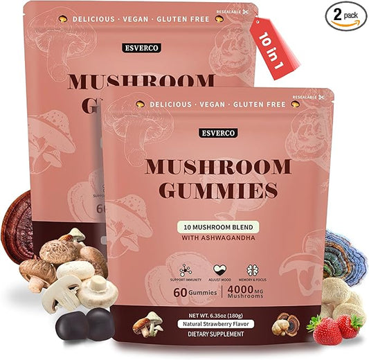 Lions Mane Mushroom Gummies for Adults, 4000mg Mushroom Extract & 250mg Ashwagandha, Cognitive Support, Mood, Brain Health & Memory, Energy, Reishi, Cordyceps, Turkey Tail, Chaga, Vegan, 120 Count