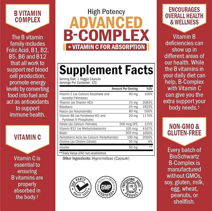 Vitamin B Complex with Vitamin C for Maximum Absorption - Methylcobalamin b12 & Folate Folic Acid Supplement - B1 B2 B3 B5 B6 B7 B9 for Immune Energy & Nervous System Support - Non-GMO, 120 count