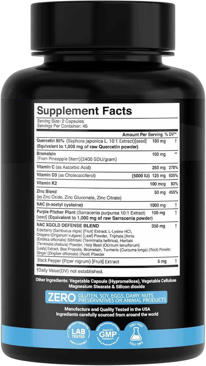 NAC Supplements 1,000 mg (N-Acetyl Cysteine), Sarracenia Purpurea, Quercetin 1,000 mg, Bromelain, Zinc, Vitamin D3 + K2, Turmeric, Elderberry, Vitamin C – Antioxidant & Immune Support – Made in USA