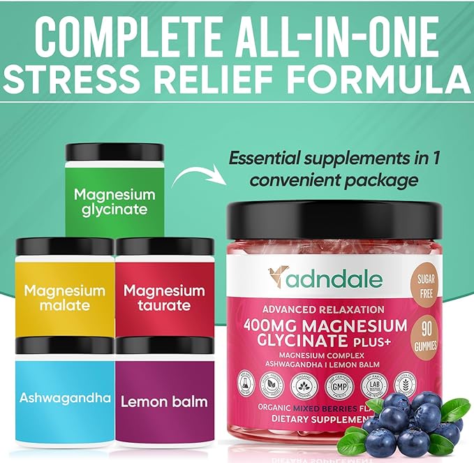 Adndale 180 CT Magnesium Glycinate Gummies 400 mg/Serv, with Ashwagandha, Magnesium Malate & Taurate, Sugar Free Chews for Adults & Kids Relaxation, Stress Relief, Night Rest, Muscle & Cardio Support