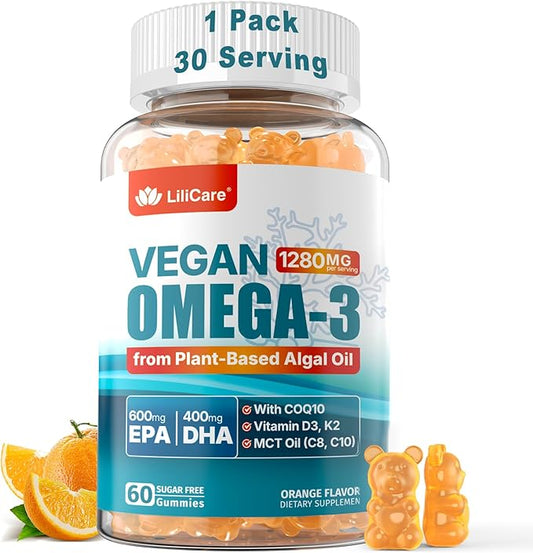 Vegan Omega-3 Gummies 1280mg + COQ10 + Vitamin D3 K2 (MK7), Omega 3 Fish Oil Alternative for Adults w/EPA 600mg DHA 400mg & MCT Oil, No Fish Taste from Marine Algae, for Brain, Eye, Immunity, 1 Pack