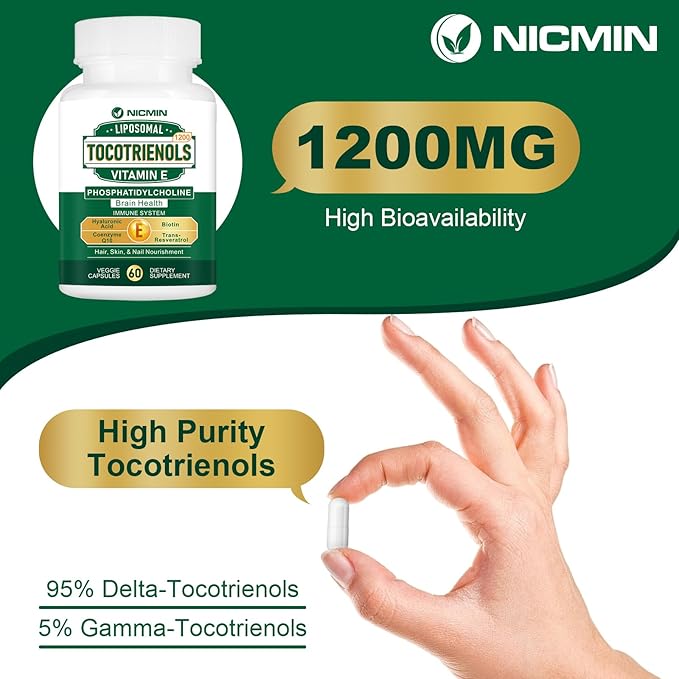 1200MG Vitamin E Tocotrienols Liposomal Tocotrienols Supplement with Phosphatidylcholine, 95% Delta-tocotrienols and 5% Gamma-tocotrienols, High Absorption for Heart, Brain Function 60 Capsules