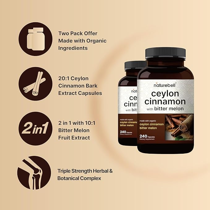 NatureBell 2 Pack Ceylon Cinnamon 9000mg Per Serving, 480 Capsules | Made with Organic Sri Lanka Ceylon Cinnamon Plus Organic Bitter Melon – Non-GMO, No Gluten