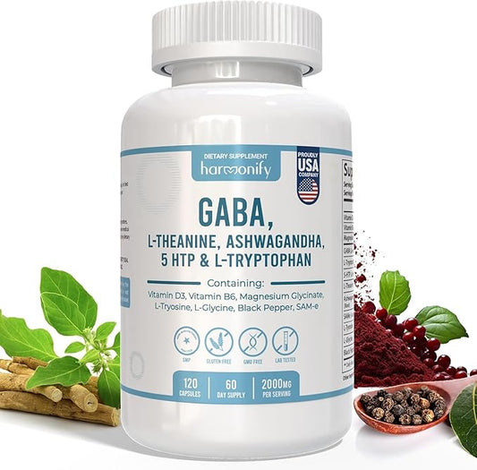 GABA L-Theanine Supplements with Magnesium Glycinate, Ashwagandha, Same, 5-HTP and L-Tryptophan, 12 in 1 Supplements, 120 Capsules, 2000 mg