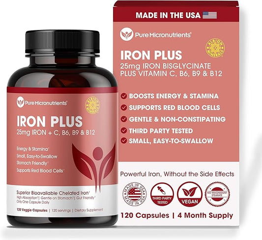 Iron Supplement for Women & Men, Natural Ferrous Chelate, Bisglycinate 25mg + Vitamin C, B6, B12, Folic Acid - IronPills for Iron Deficiency & Energy Support - 120 Count