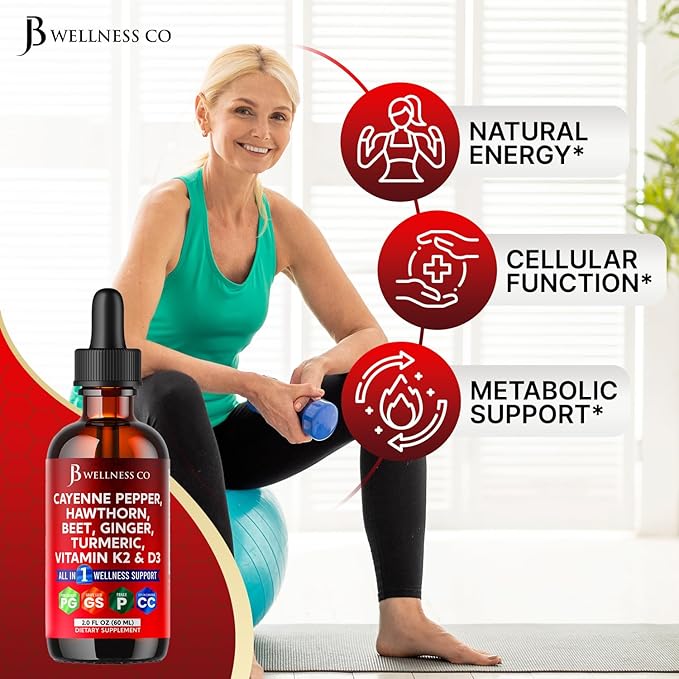 Cayenne Pepper Supplement Liquid Drops + Hawthorn Berry, Vitamin D3 K2 Beet Root Powder, Ceylon Cinnamon, Turmeric Curcumin, Organic Panax Ginseng - 4oz