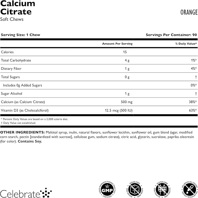 Celebrate Vitamins Bariatric 500mg Calcium Citrate Soft Chews with 500 IU Vitamin D3 – Essential for Gastric Bypass Patients & Bone Health - Sugar & Gluten Free, Orange (90 Chews)