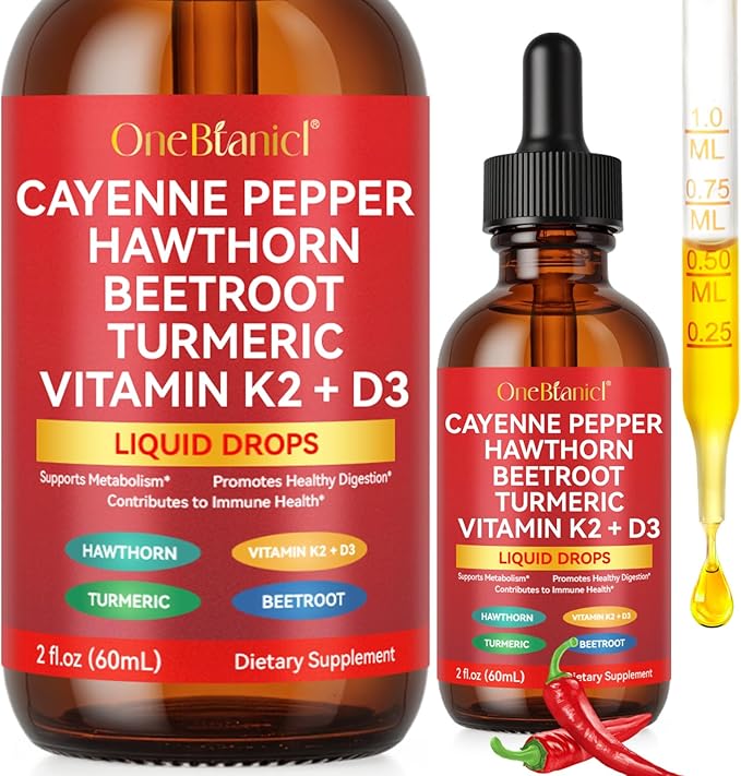Cayenne Pepper Drops,Cayenne Pepper Supplement Liquid Drops,Hawthorn Beet Root Powder,Vitamin K2&D3,Ceylon Cinnamon,Organic Panax Ginseng,Cayenne Health Supplements 2 Fl Oz
