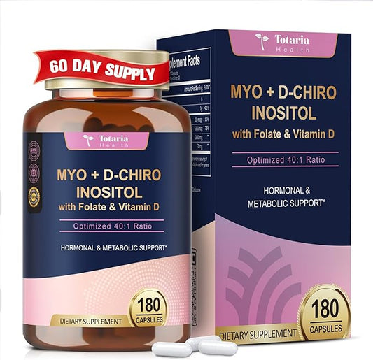 Inositol Supplement for Women with Vitamin D3, Folate, 40:1 Ratio Myo-Inositol & D-Chiro Inositol Complex, (Vitamin B8) Inositol Capsules, 180 Capsules, 60 Servings, 2 Month Supply