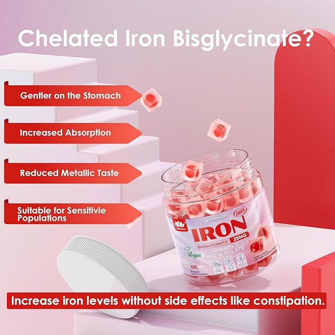 Iron Gummies for Women 25mg Plus Vitamin C, Beet Root, Vitamin B12, Folate for Iron Deficiency, Anemia, Energy Boost, Sugar Free Iron Supplement, Non-Constipating, No After Taste, 60 Cts