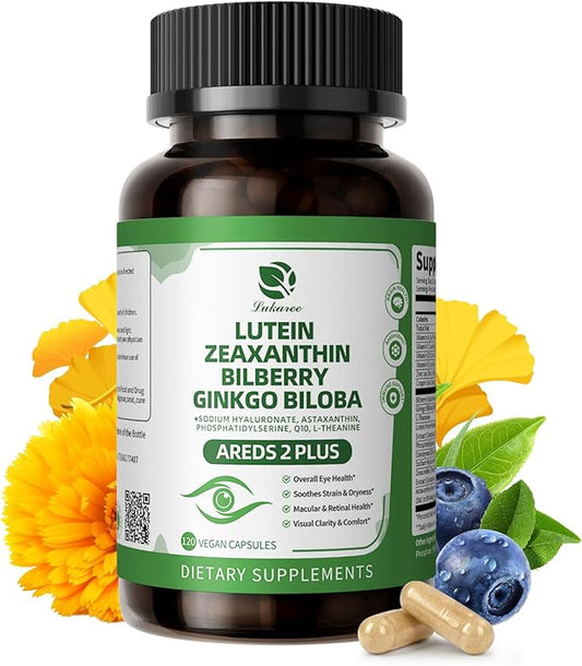 Lutein and Zeaxanthin Supplements - Advanced AREDS 2 Eye Vitamins - Bilberry Supplement for Eyes, with Astaxanthin, Ginkgo Biloba, Sodium Hyaluronate - for Eye Health & Brain Support, 120 Capsules
