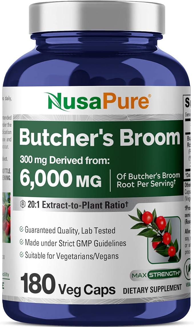 NusaPure Butcher's Broom Root 20:1 Extract, 300 mg Equivalent to 6,000 mg Veggie Caps 180 Count (Non-GMO, Vegan)