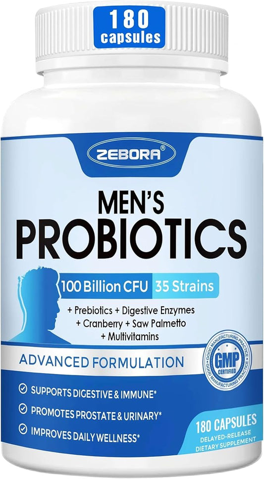 ZEBORA Probiotic for Men - 100 Billion CFU, Men's Probiotics for Gut Health, Prebiotics + Enzymes + Saw Palmetto + Cranberry, Daily Probiotic for Digestive Health, 180 Caps