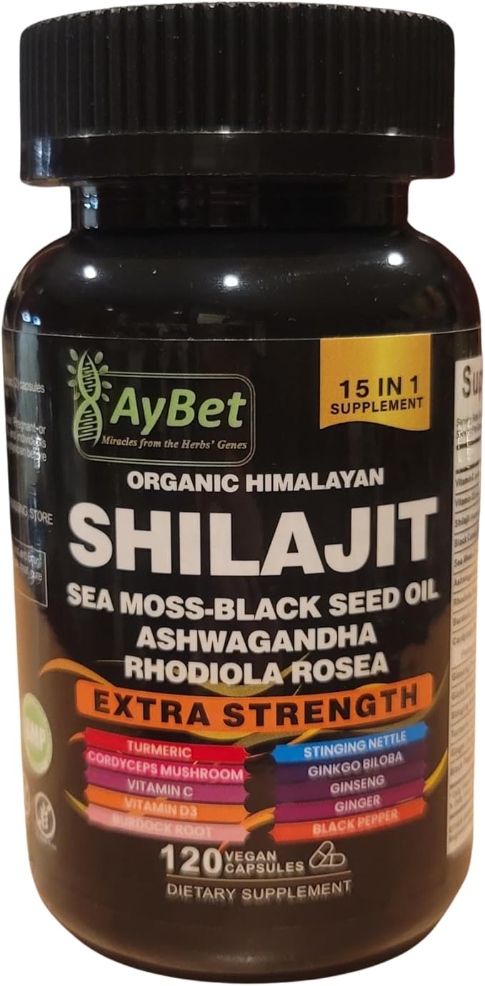 Shilajit for Men and Women-Organic Himalayan Shilajit Capsules with Sea Moss, Black Seed Oil, Ashwagandha, Rhodiola Rosea, Burdock, Cordyceps Mushroom, Ginseng, Turmeric, Ginger, 120 Capsules